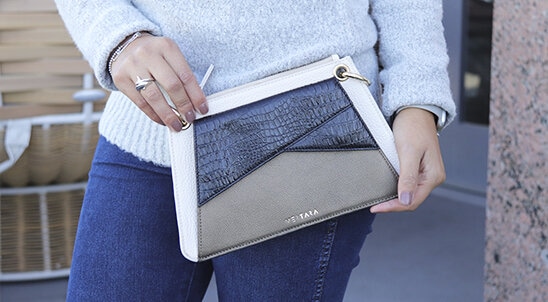 Vertara Verve Purse and Clutch in White, Black and Metallic Textured Leather